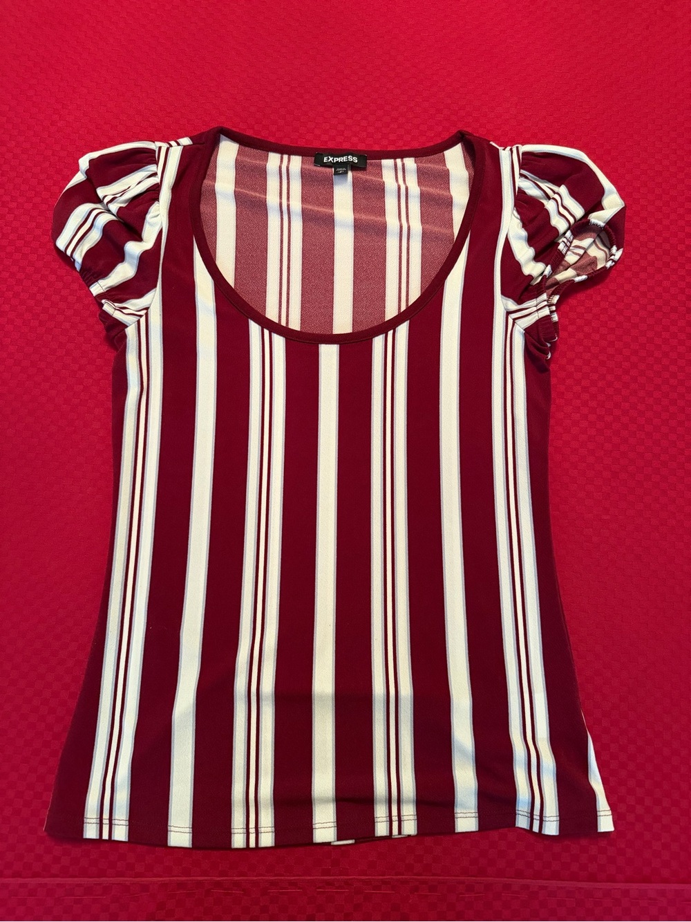 Express Burgundy and White Vertical Stripe Scoop Neck Top